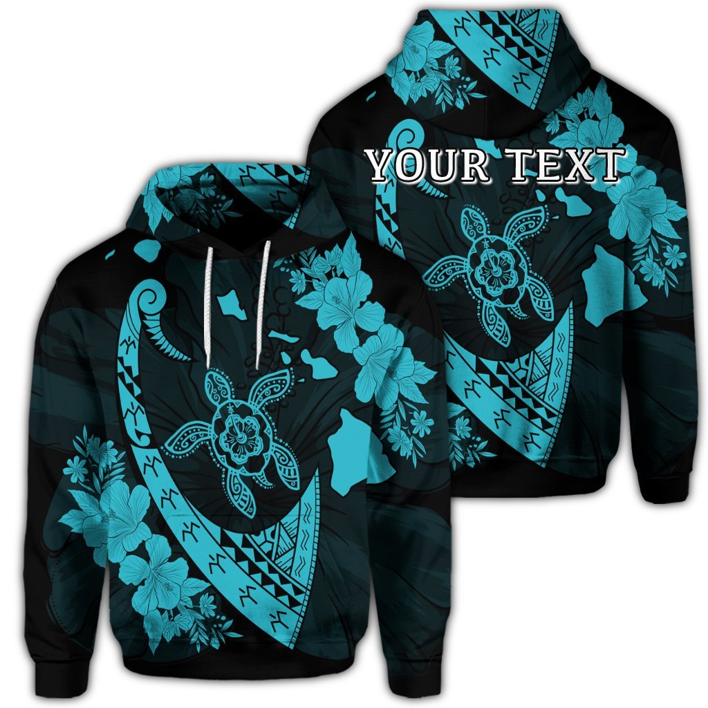 Custom Hawaiian Map Hibiscus Turtle Fish Hook Polynesian Hoodie Blue Unisex Art - Polynesian Pride