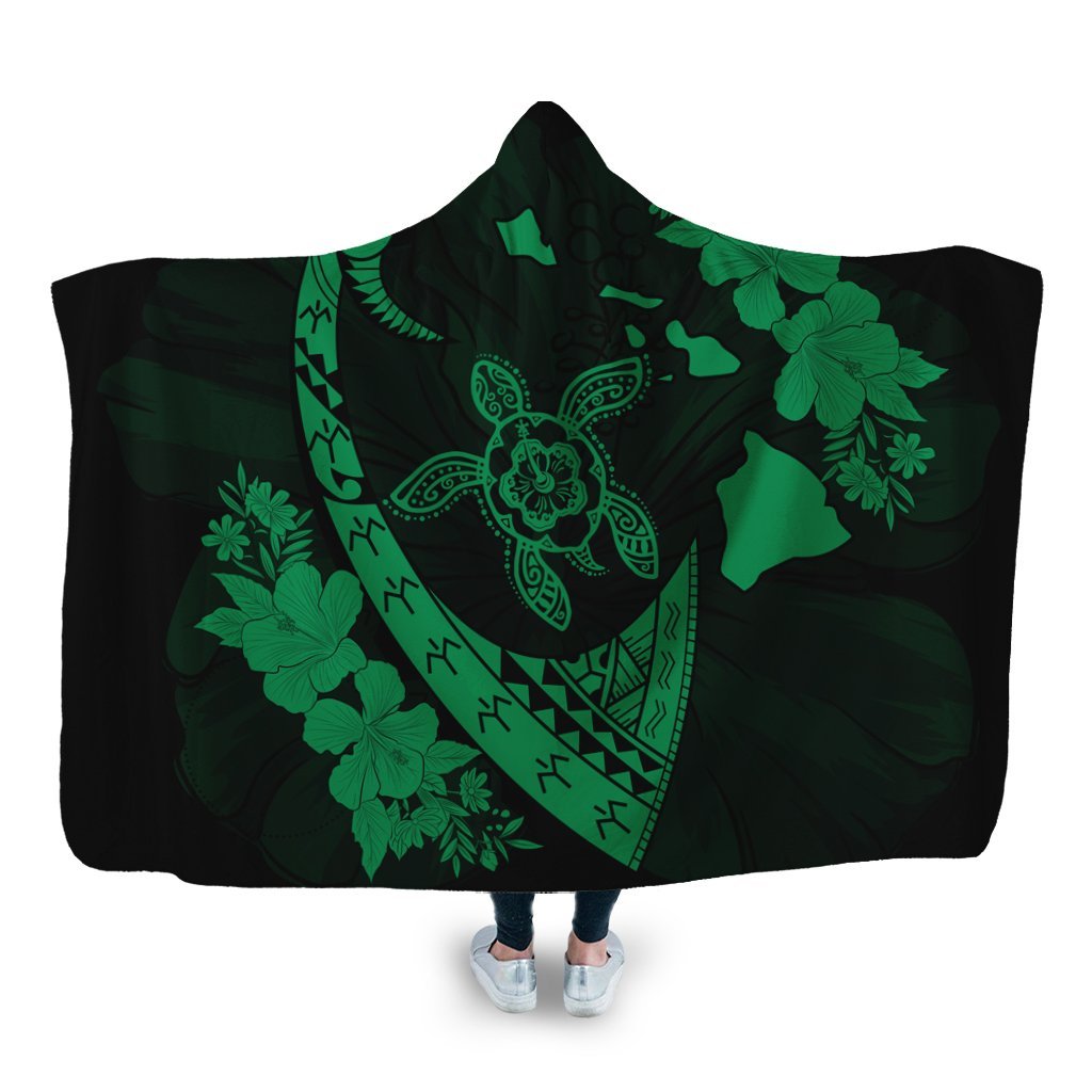 Hawaiian Map Hibiscus Turtle Fish Hook Polynesian Hooded Blanket Green - AH Hooded Blanket White - Polynesian Pride