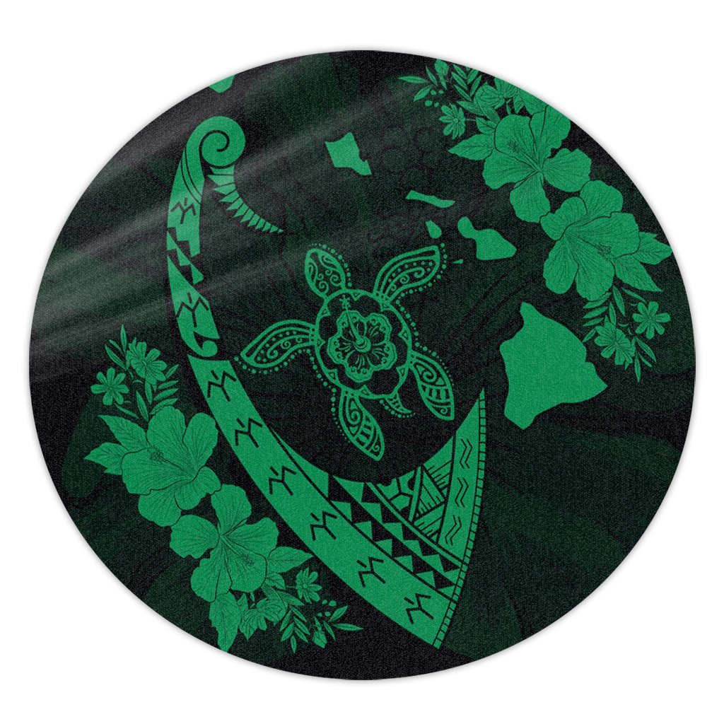 Hawaiian Map Hibiscus Turtle Fish Hook Polynesian Round Carpet Green - AH Round Carpet Luxurious Plush - Polynesian Pride