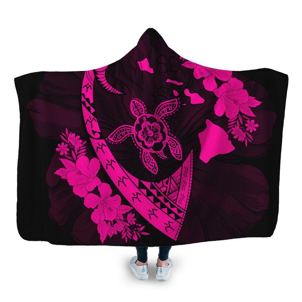 Hawaiian Map Hibiscus Turtle Fish Hook Polynesian Hooded Blanket Pink - AH Hooded Blanket White - Polynesian Pride