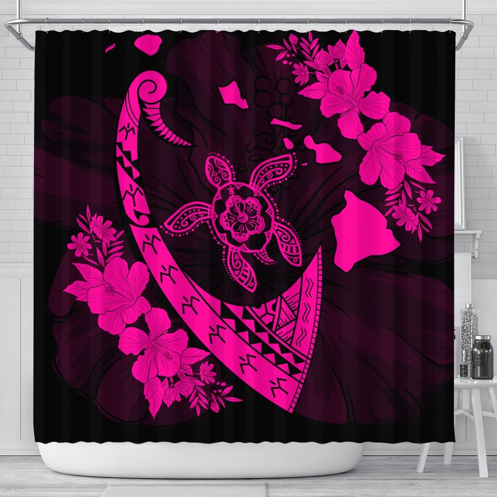 Hawaiian Map Hibiscus Turtle Fish Hook Polynesian Shower Curtain Pink - AH 177 x 172 (cm) Black - Polynesian Pride