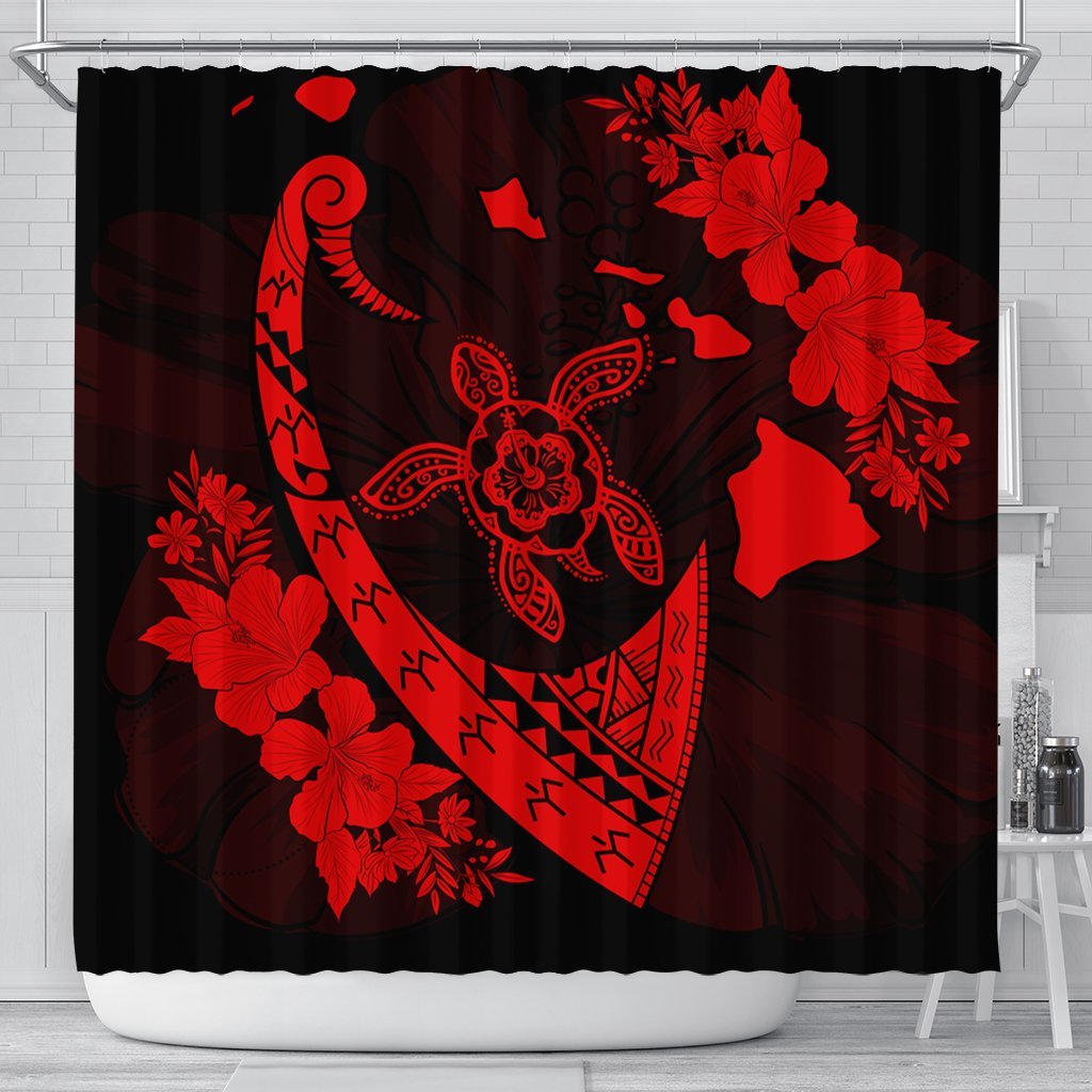 Hawaiian Map Hibiscus Turtle Fish Hook Polynesian Shower Curtain Red - AH 177 x 172 (cm) Black - Polynesian Pride