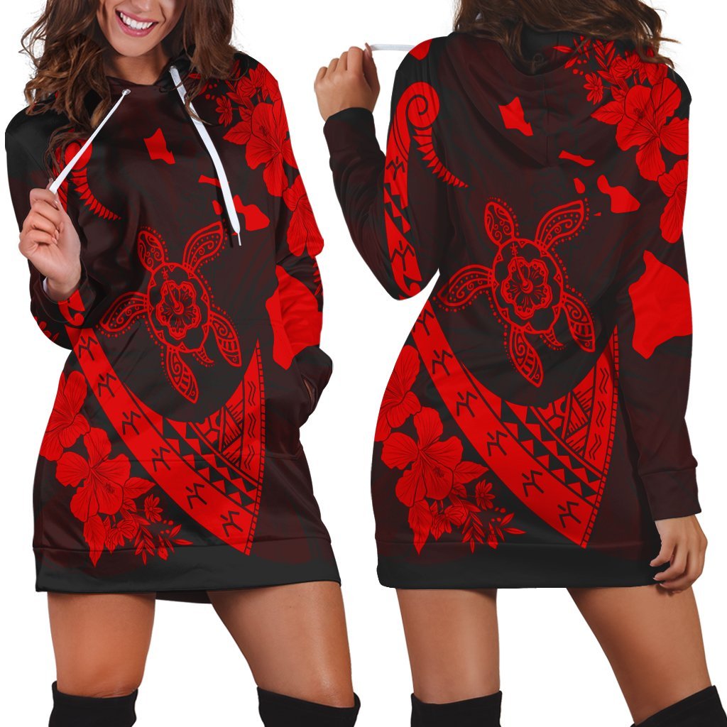 Hawaiian Map Hibiscus Turtle Fish Hook Polynesian Hoodie Dress Red - AH Black - Polynesian Pride