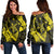 Hawaiian Map Hibiscus Turtle Fish Hook Polynesian Women's Off Shoulder Sweater Yellow - AH Black - Polynesian Pride