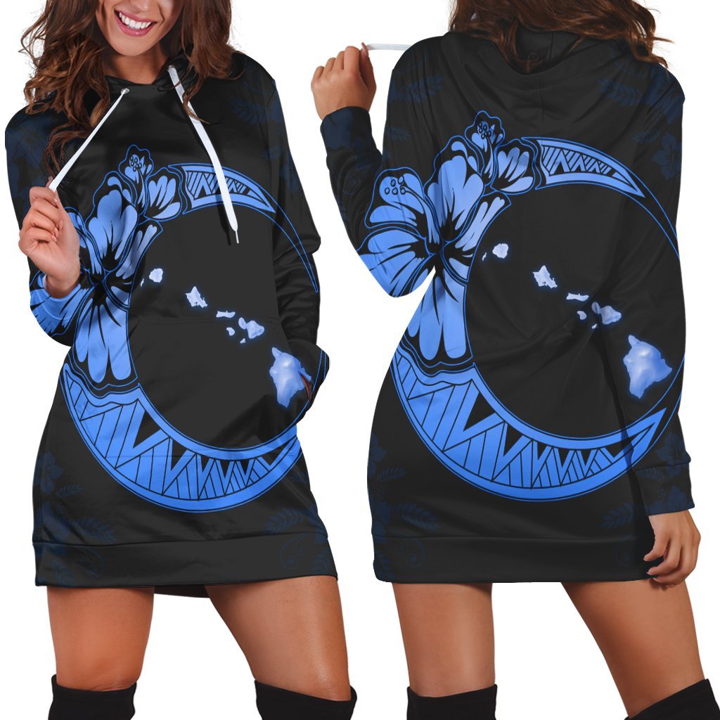 Hawaiian Map Hibiscus Turtle Polynesian Moon Hoodie Dress Blue - AH Black - Polynesian Pride