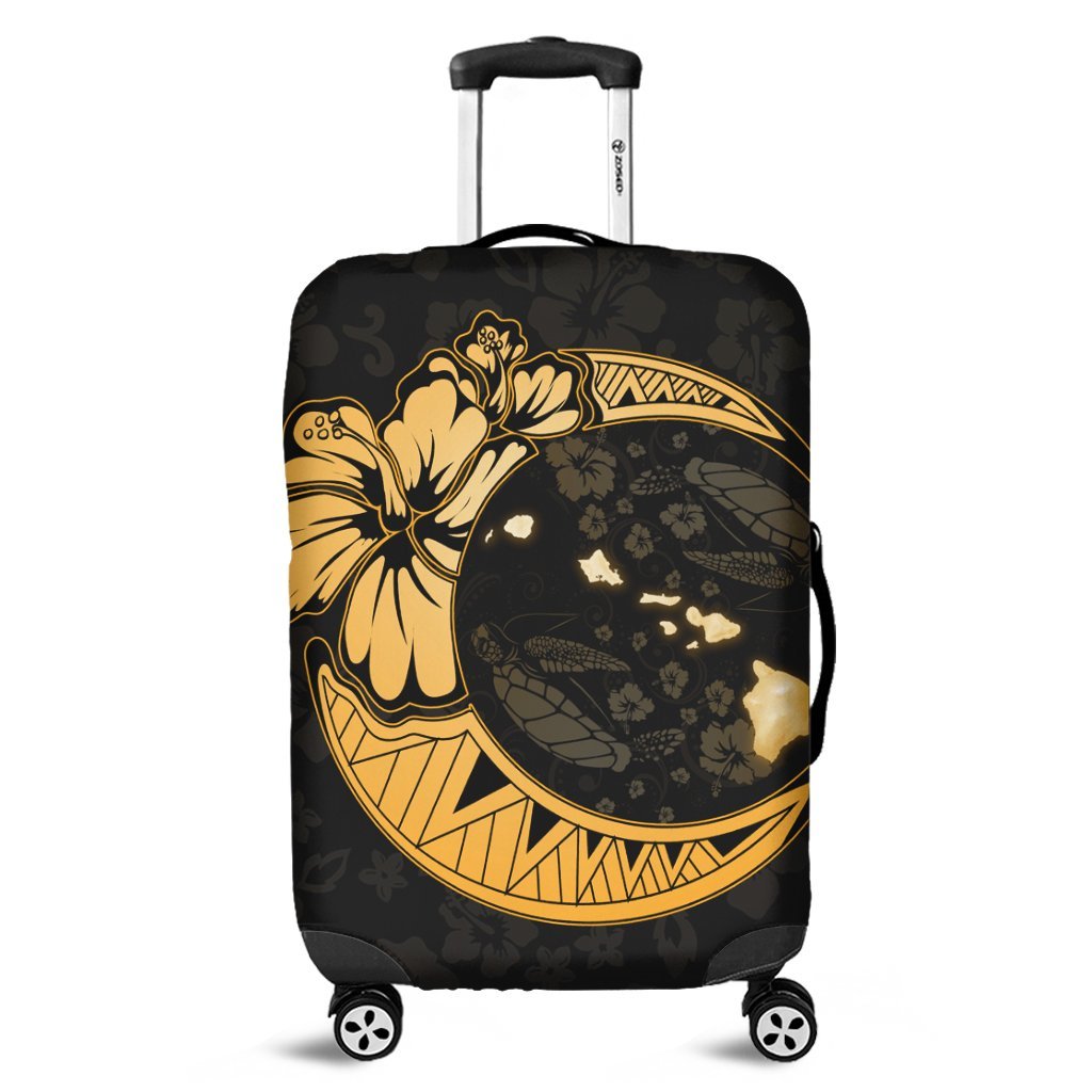 Hawaiian Map Hibiscus Turtle Polynesian Moon Luggage Covers Gold - AH Black - Polynesian Pride