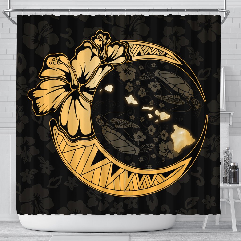 Hawaiian Map Hibiscus Turtle Polynesian Moon Shower Curtain Gold - AH 177 x 172 (cm) Black - Polynesian Pride