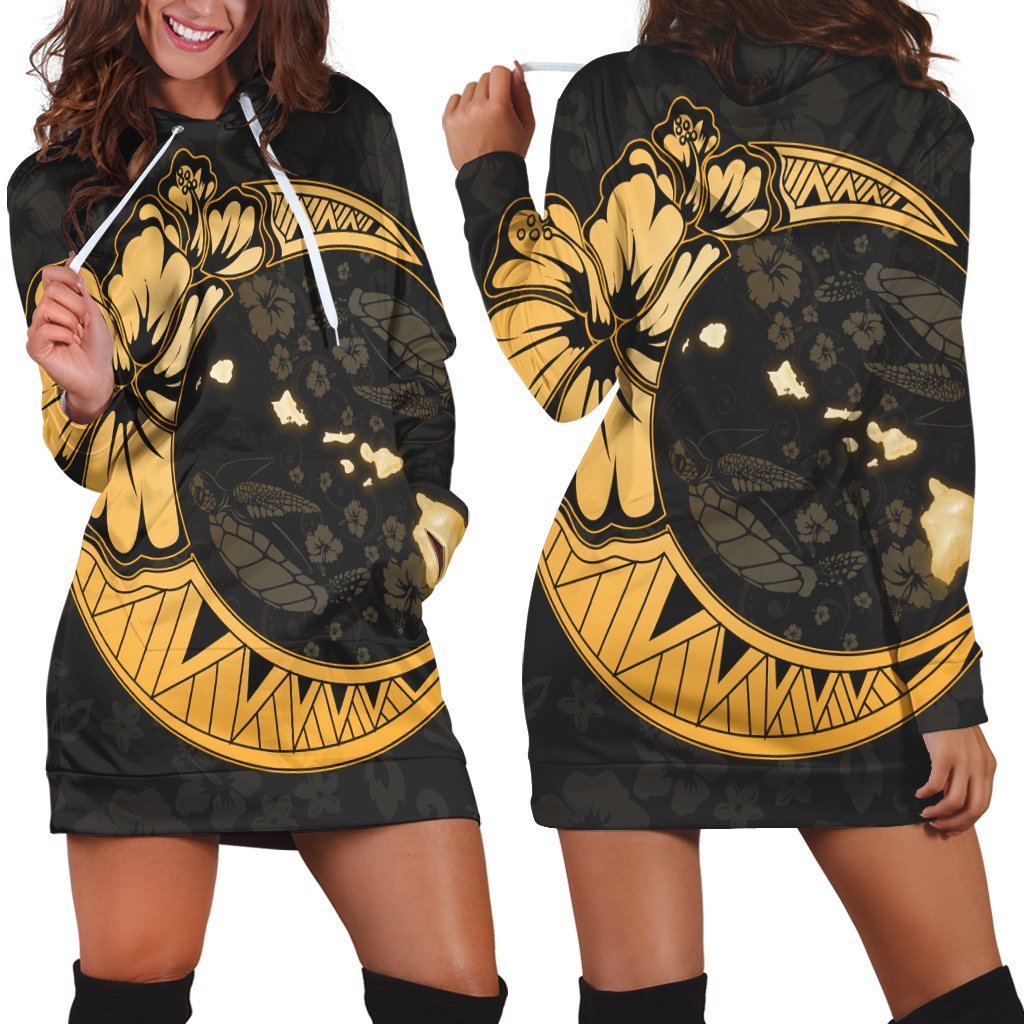 Hawaiian Map Hibiscus Turtle Polynesian Moon Hoodie Dress Gold - AH Black - Polynesian Pride