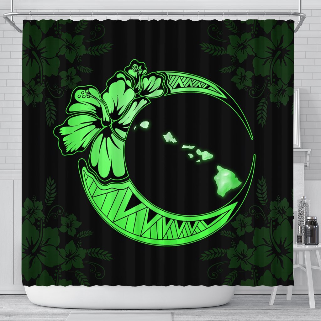 Hawaiian Map Hibiscus Turtle Polynesian Moon Shower Curtain Green - AH 177 x 172 (cm) Black - Polynesian Pride