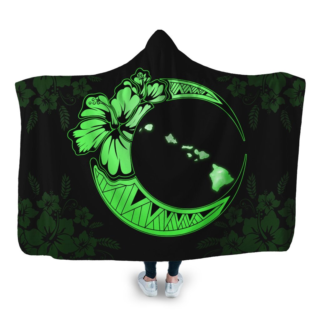 Hawaiian Map Hibiscus Turtle Polynesian Moon Hooded Blanket Green - AH Hooded Blanket White - Polynesian Pride