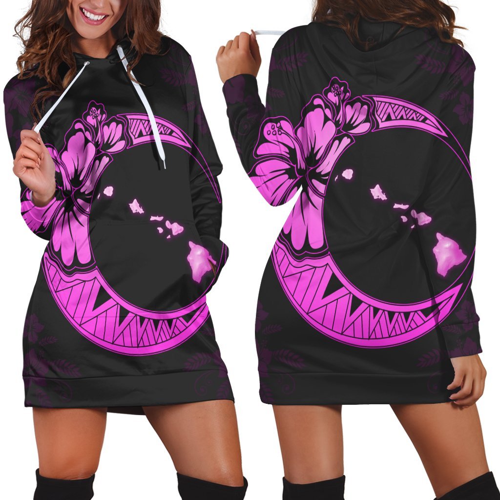 Hawaiian Map Hibiscus Turtle Polynesian Moon Hoodie Dress Pink - AH Black - Polynesian Pride