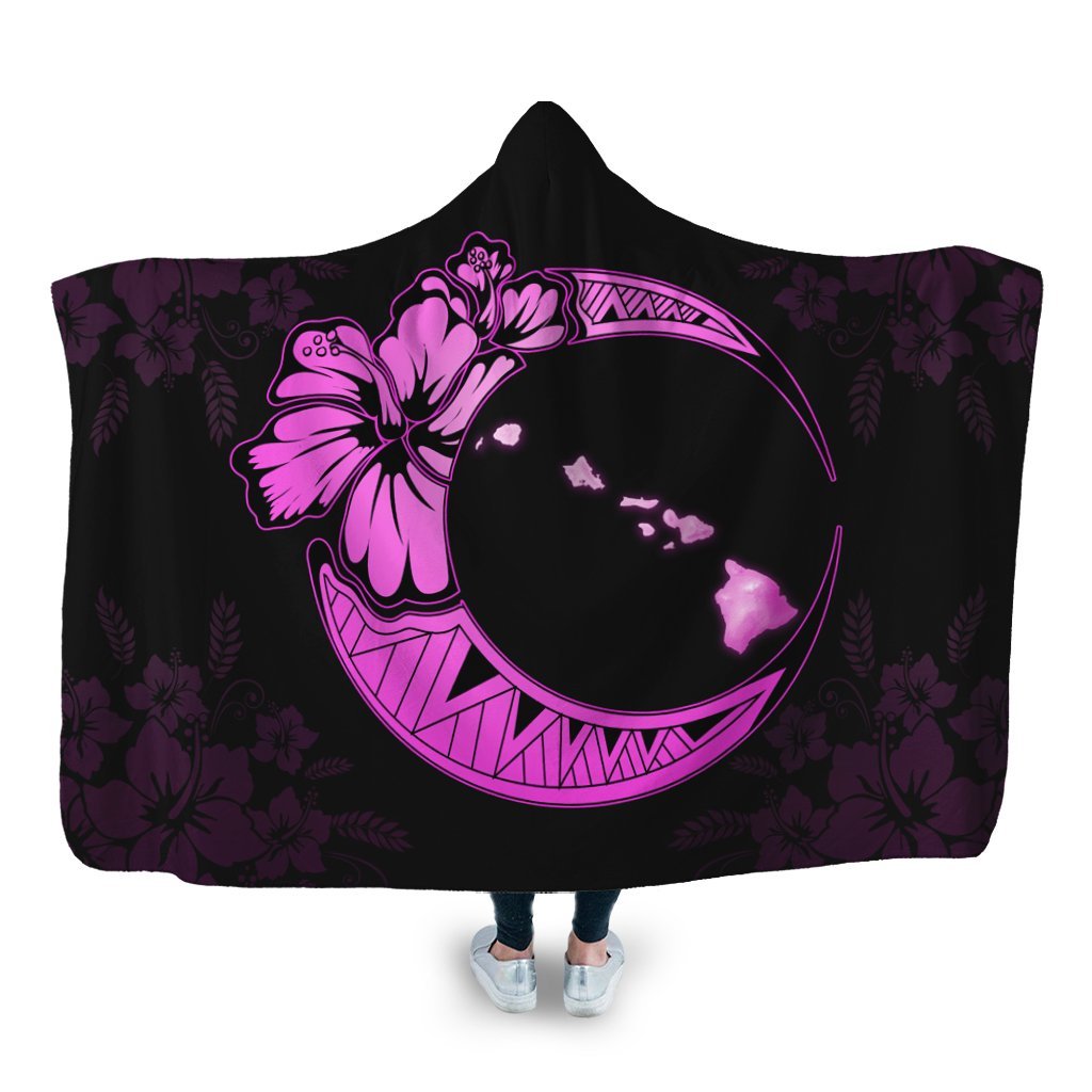 Hawaiian Map Hibiscus Turtle Polynesian Moon Hooded Blanket Pink - AH Hooded Blanket White - Polynesian Pride