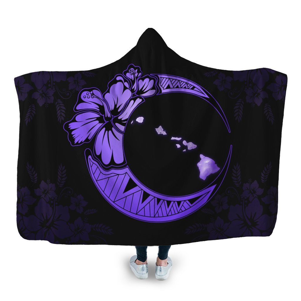 Hawaiian Map Hibiscus Turtle Polynesian Moon Hooded Blanket Purple - AH Hooded Blanket White - Polynesian Pride