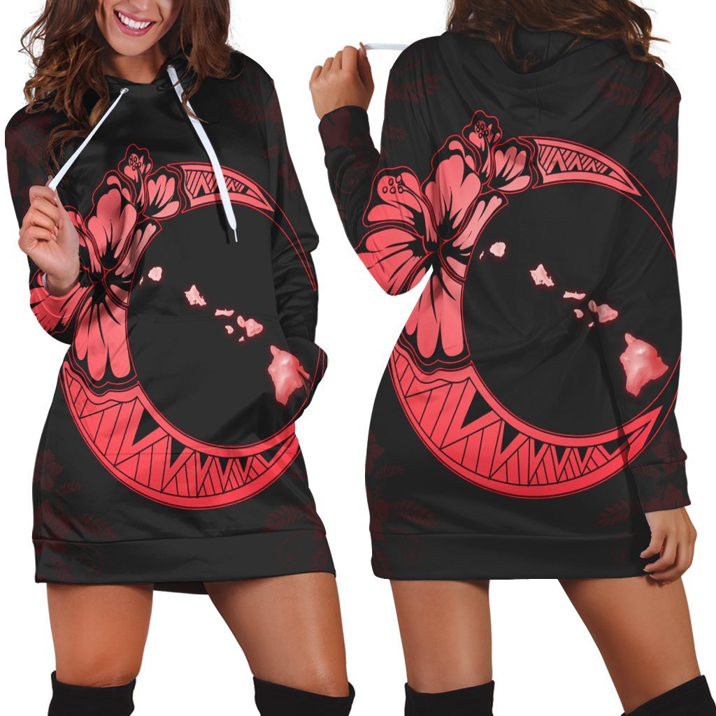 Hawaiian Map Hibiscus Turtle Polynesian Moon Hoodie Dress Red - AH Black - Polynesian Pride