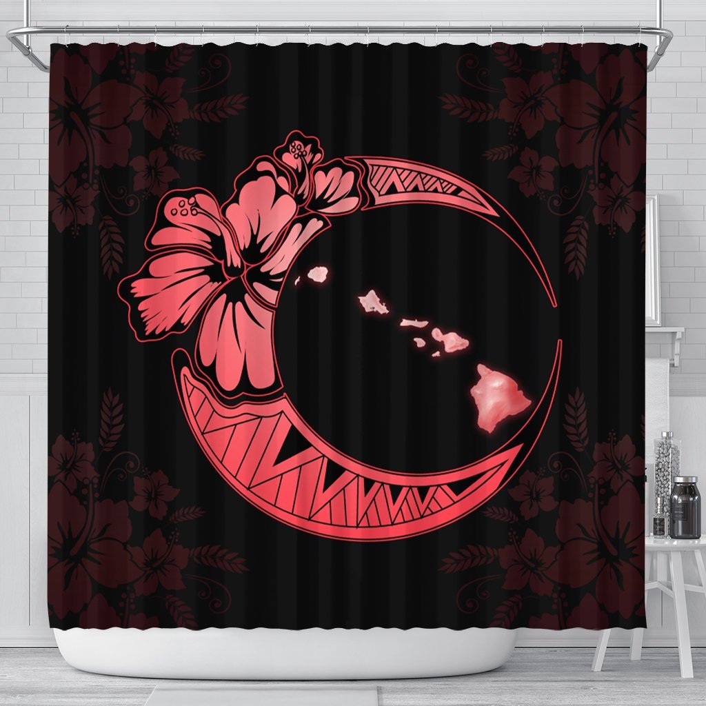 Hawaiian Map Hibiscus Turtle Polynesian Moon Shower Curtain Red - AH 177 x 172 (cm) Black - Polynesian Pride