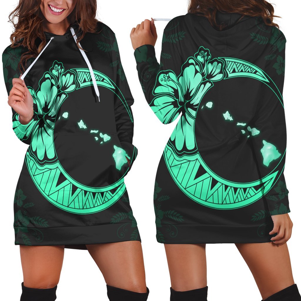 Hawaiian Map Hibiscus Turtle Polynesian Moon Hoodie Dress Turquoise - AH Black - Polynesian Pride