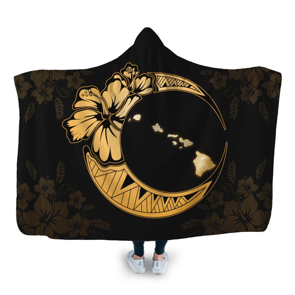 Hawaiian Map Hibiscus Turtle Polynesian Moon Hooded Blanket Yellow - AH Hooded Blanket White - Polynesian Pride