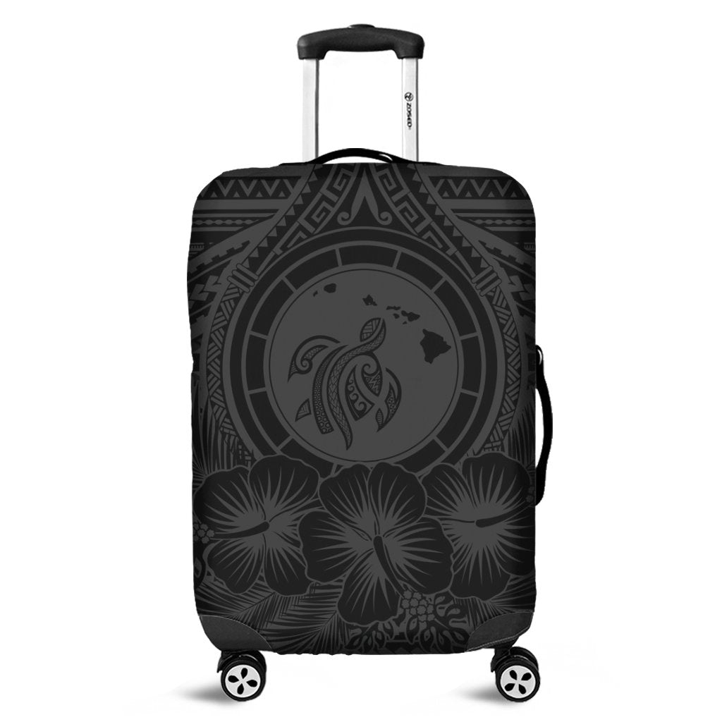 Hawaiian Map Honu Hibiscus Tropic Gray Polynesian Luggage Covers - AH Black - Polynesian Pride