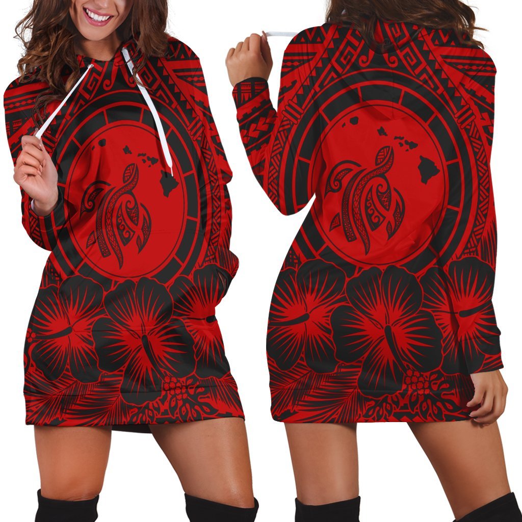 Hawaiian Map Honu Hibiscus Tropic Red Polynesian Hoodie Dress - AH Black - Polynesian Pride