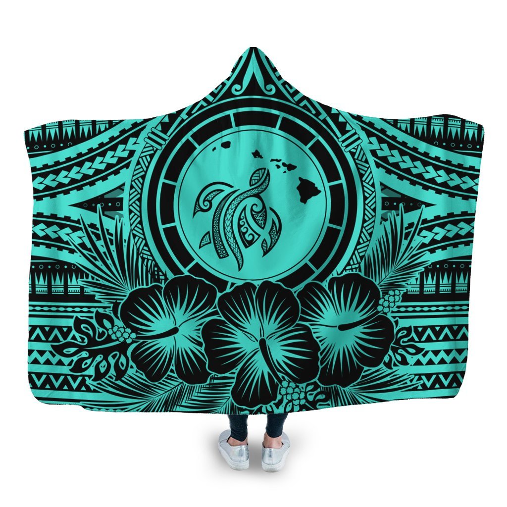 Hawaiian Map Honu Hibiscus Tropic Turquoise Polynesian Hooded Blanket - AH Hooded Blanket White - Polynesian Pride