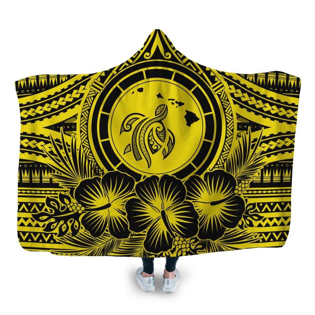 Hawaiian Map Honu Hibiscus Tropic Yellow Polynesian Hooded Blanket - AH Hooded Blanket White - Polynesian Pride