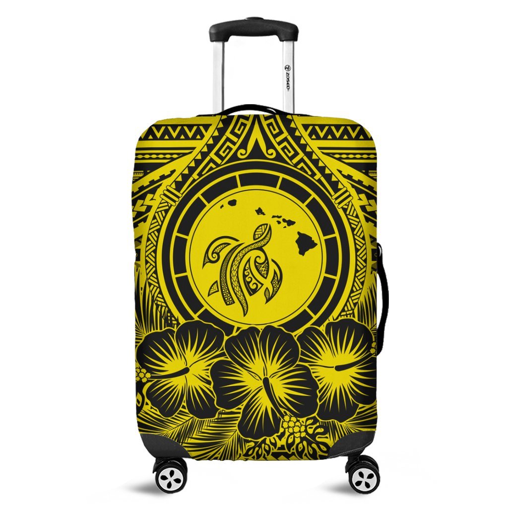 Hawaiian Map Honu Hibiscus Tropic Yellow Polynesian Luggage Covers - AH Black - Polynesian Pride