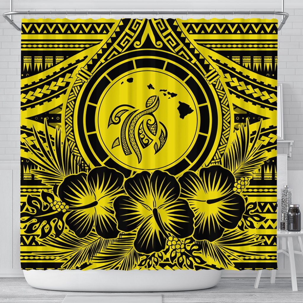 Hawaiian Map Honu Hibiscus Tropic Yellow Polynesian Shower Curtain - AH 177 x 172 (cm) Black - Polynesian Pride