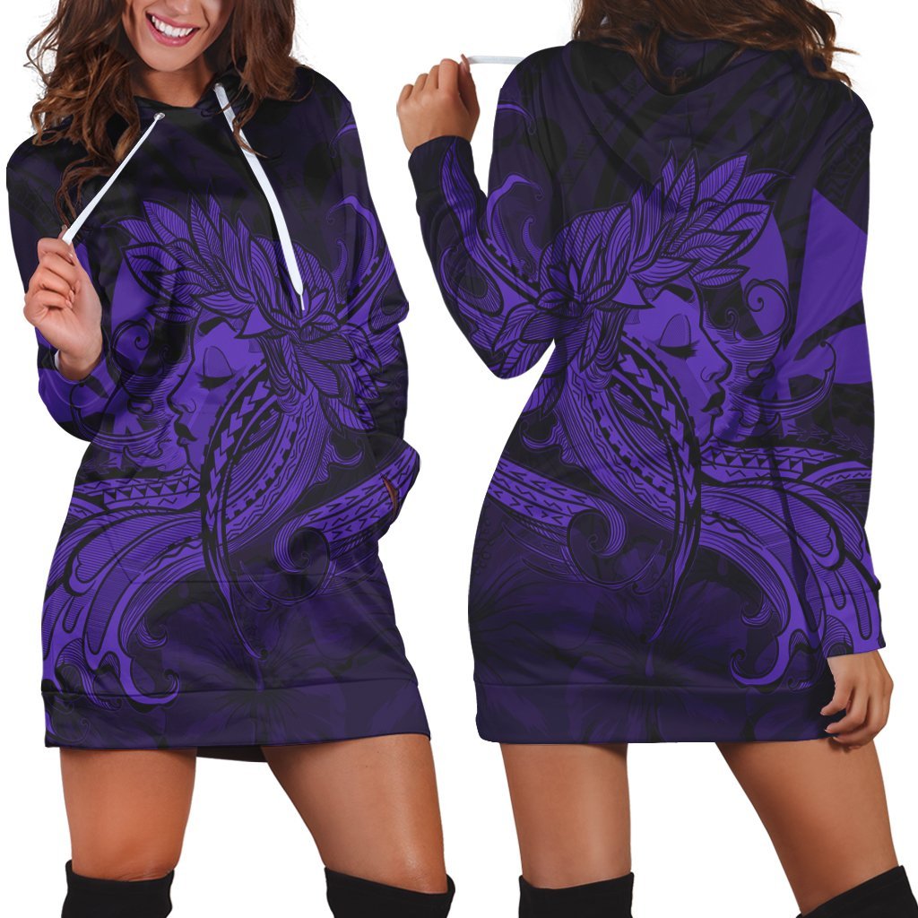 Hawaiian Map Hula Girl Hibiscus Kanaka Polynesian Hoodie Dress - Purple - AH Black - Polynesian Pride