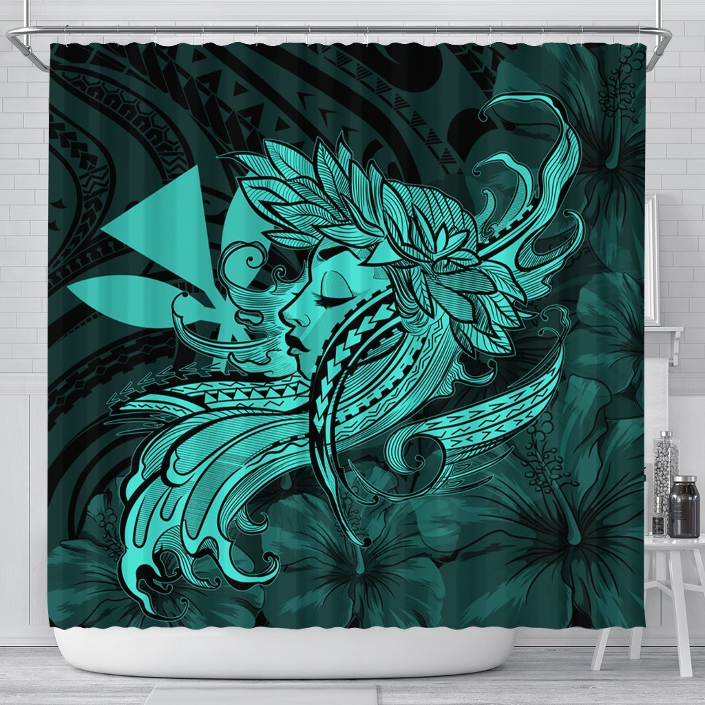 Hawaiian Map Hula Girl Hibiscus Kanaka Polynesian Shower Curtain - Turquoise - AH 177 x 172 (cm) Black - Polynesian Pride