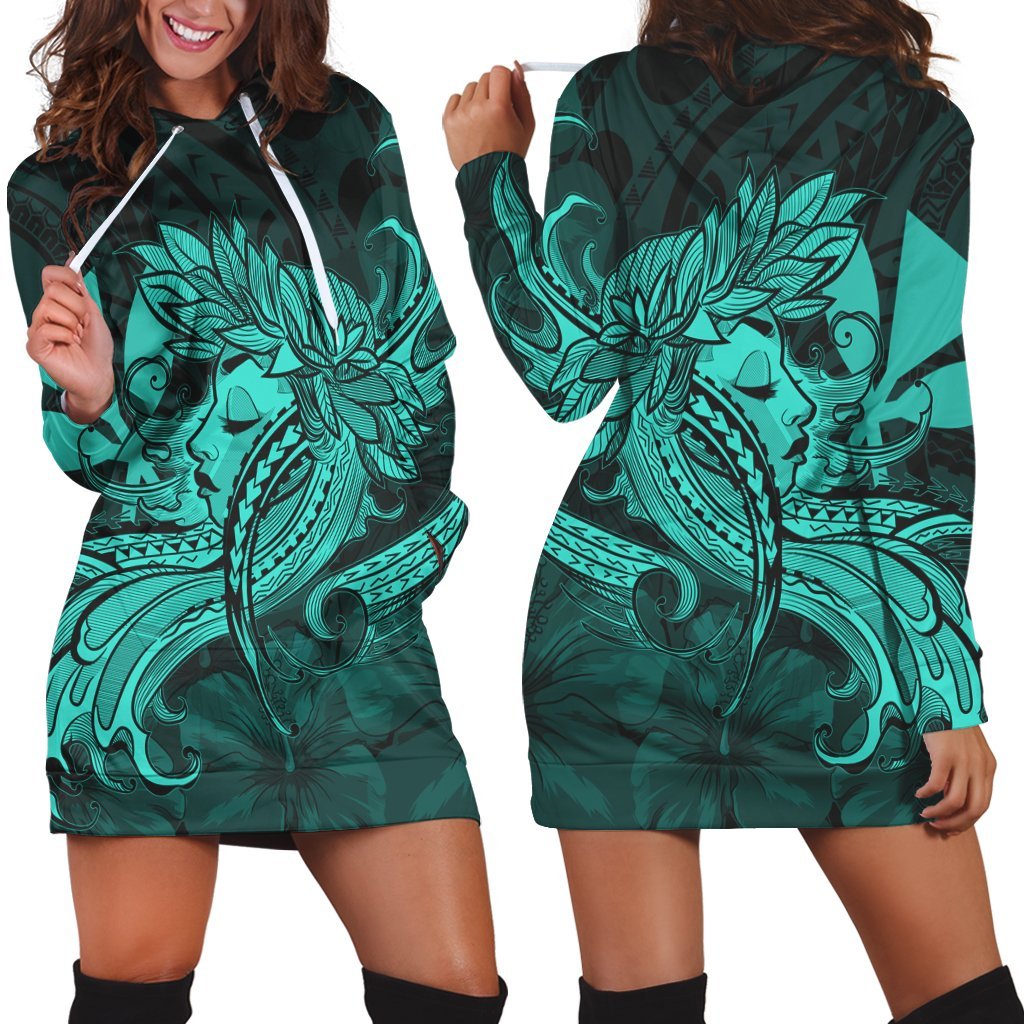 Hawaiian Map Hula Girl Hibiscus Kanaka Polynesian Hoodie Dress - Turquoise - AH Black - Polynesian Pride