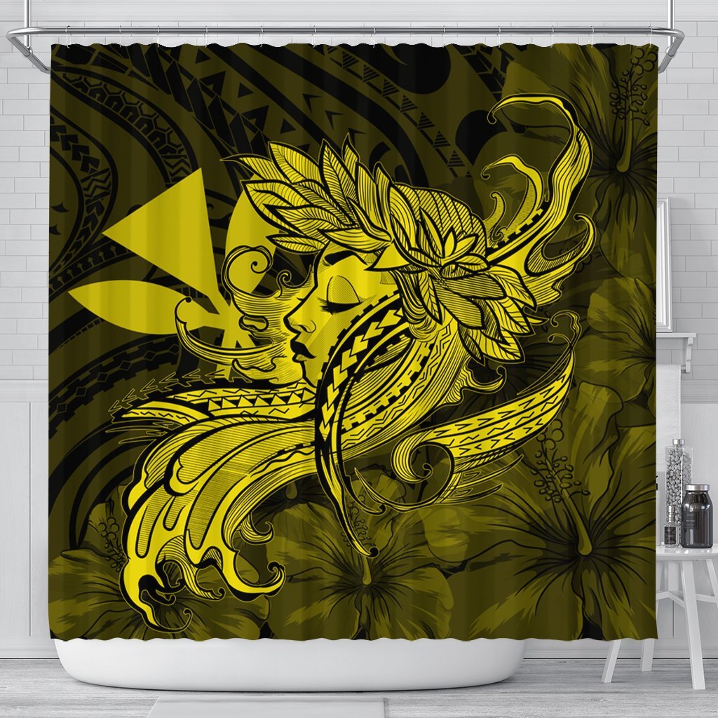 Hawaiian Map Hula Girl Hibiscus Kanaka Polynesian Shower Curtain - Yellow - AH 177 x 172 (cm) Black - Polynesian Pride