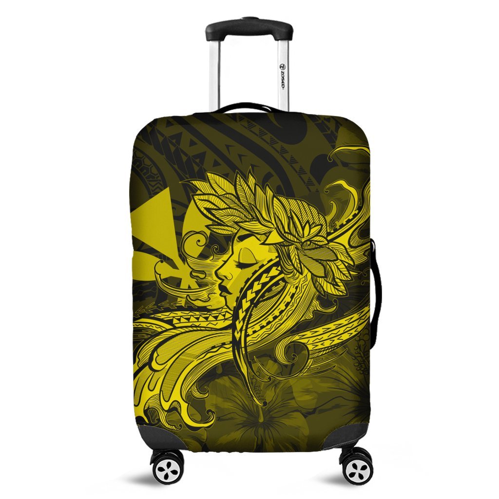 Hawaiian Map Hula Girl Hibiscus Kanaka Polynesian Luggage Covers - Yellow - AH Black - Polynesian Pride