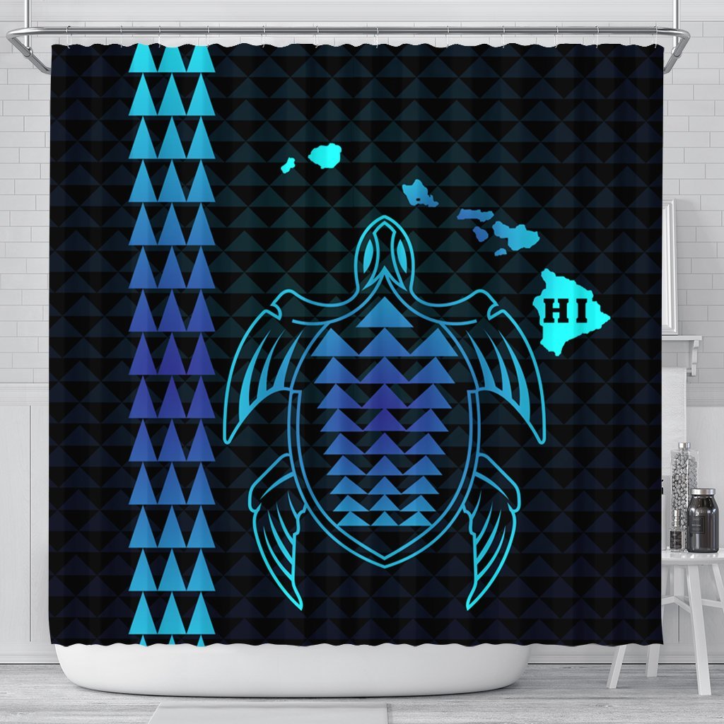 Hawaiian Map Kakau Turtle Polynesian Shower Curtain - Blue - AH 177 x 172 (cm) Black - Polynesian Pride