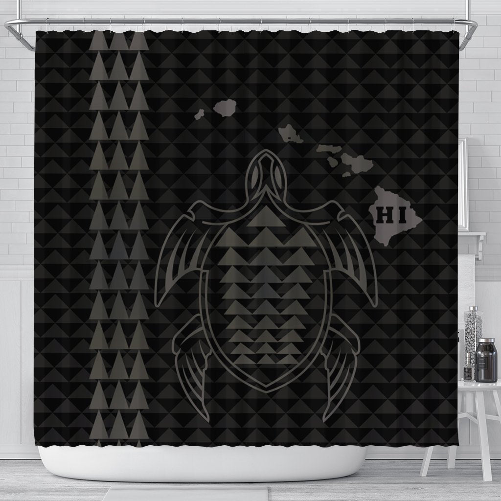 Hawaiian Map Kakau Turtle Polynesian Shower Curtain - Gray - AH 177 x 172 (cm) Black - Polynesian Pride