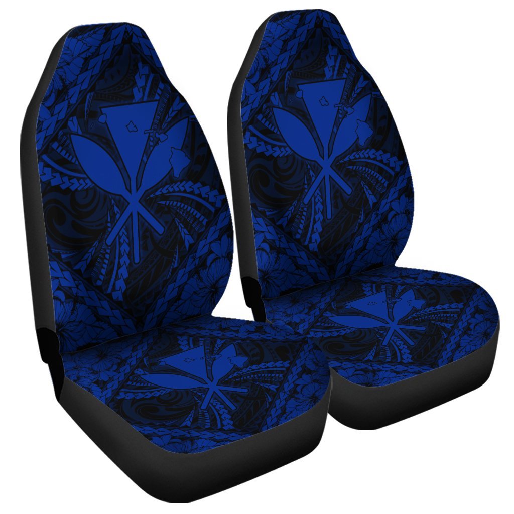 Hawaiian Map Kanaka Hibiscus Blue Polynesian Car Seat Covers - AH Universal Fit Black - Polynesian Pride