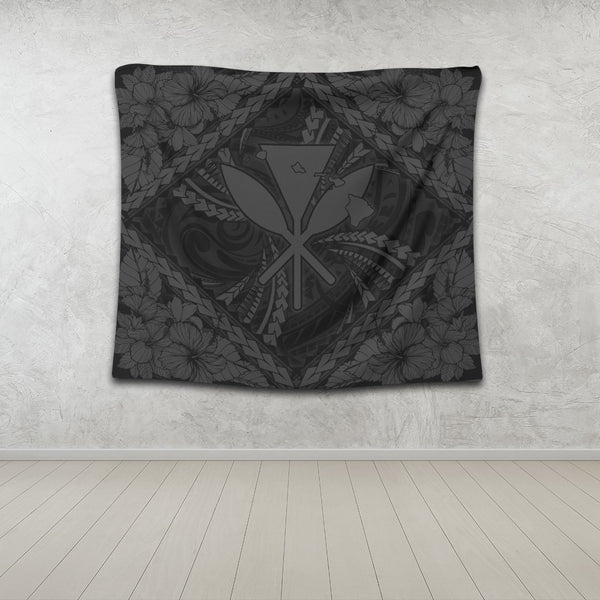 Hawaiian Map Kanaka Hibiscus Gray Polynesian Tapestry - Ah