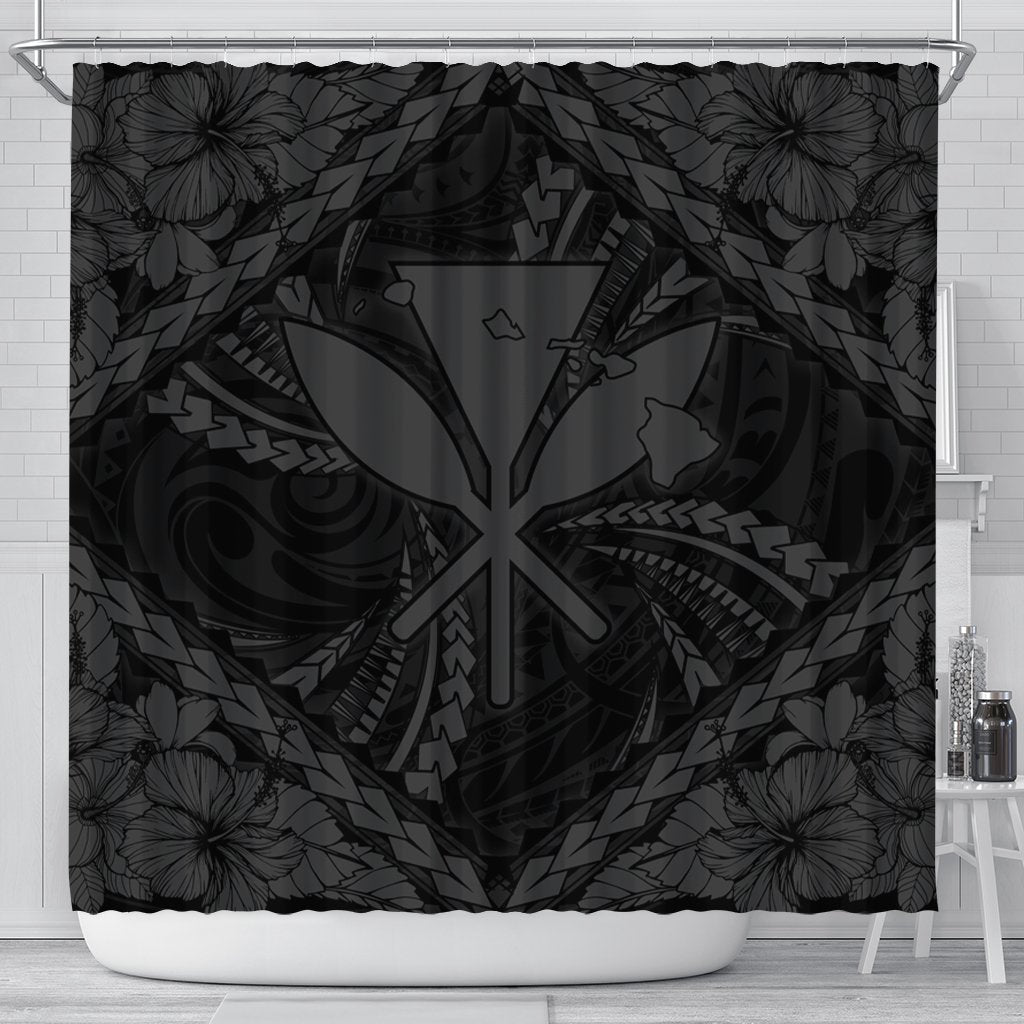 Hawaiian Map Kanaka Hibiscus Gray Polynesian Shower Curtain - AH 177 x 172 (cm) Black - Polynesian Pride