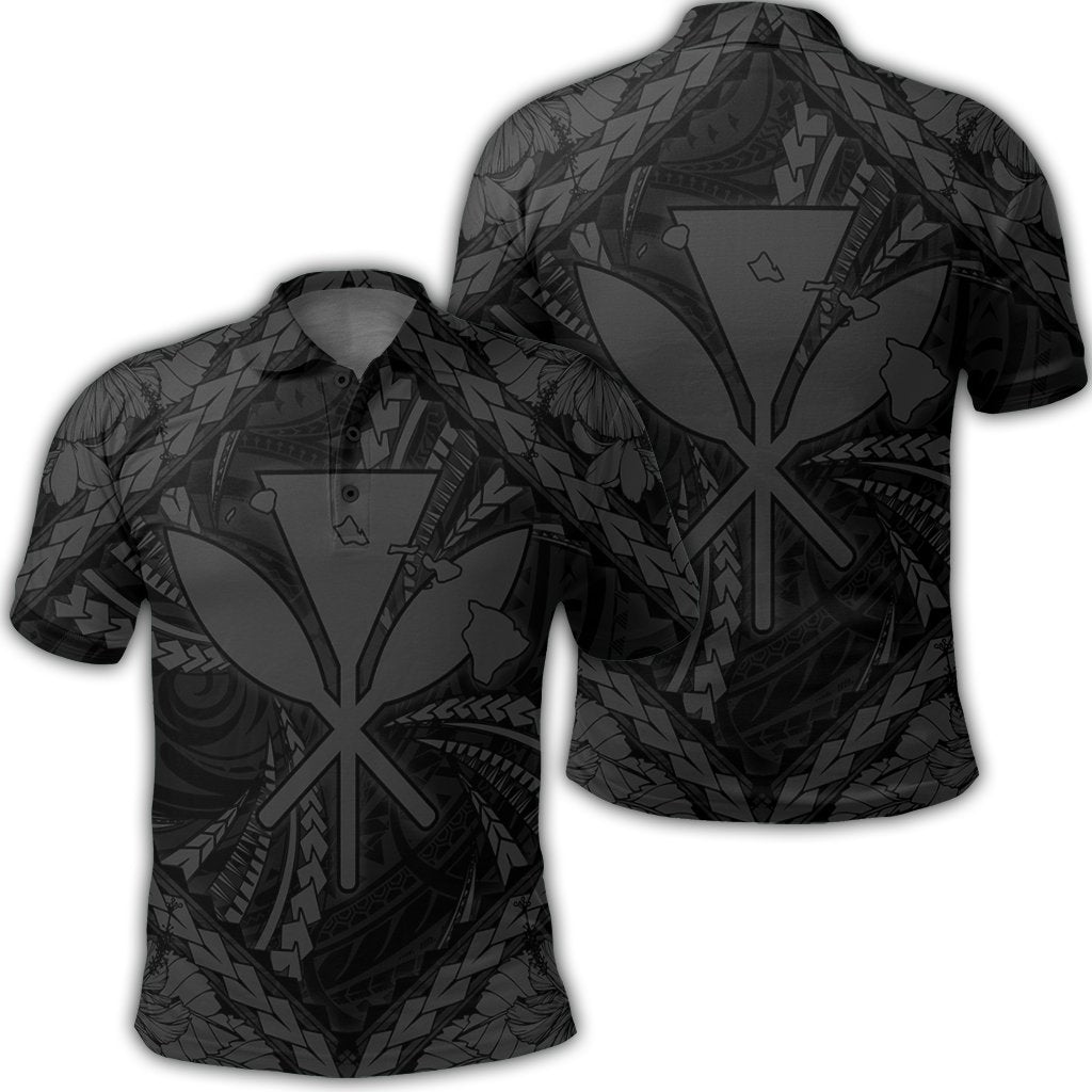 Hawaiian Map Kanaka Hibiscus Gray Polynesian Polo Shirt Unisex Black - Polynesian Pride