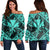 Hawaiian Map Kanaka Hibiscus Turquoise Polynesian Women's Off Shoulder Sweater - AH Black - Polynesian Pride