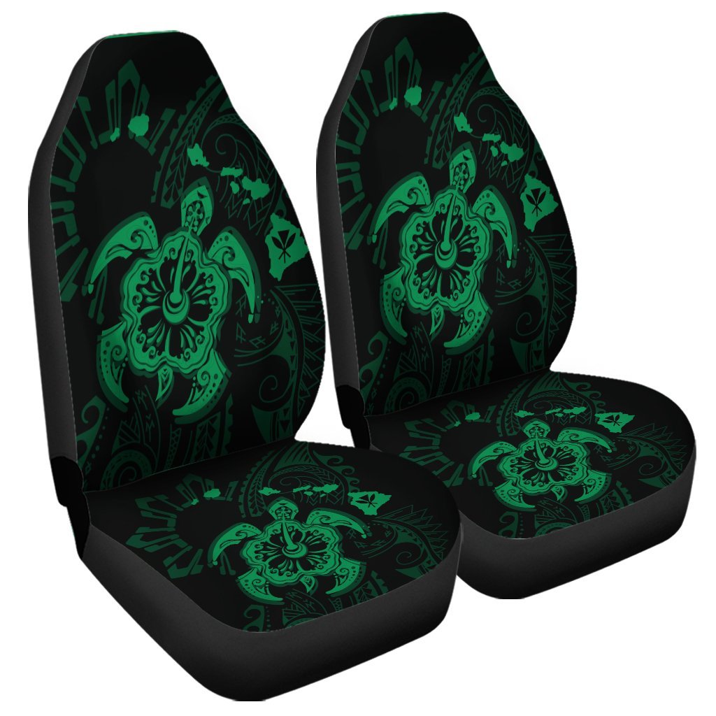 Hawaiian Map Kanaka Hibiscus Turtle Green Polynesian Car Seat Covers - AH Universal Fit Black - Polynesian Pride