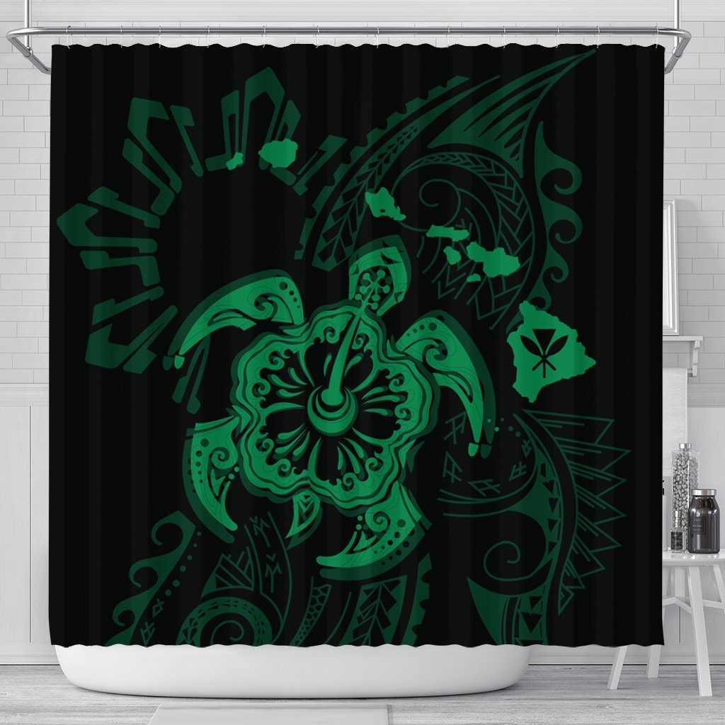 Hawaiian Map Kanaka Hibiscus Turtle Green Polynesian Shower Curtain - AH 177 x 172 (cm) Black - Polynesian Pride