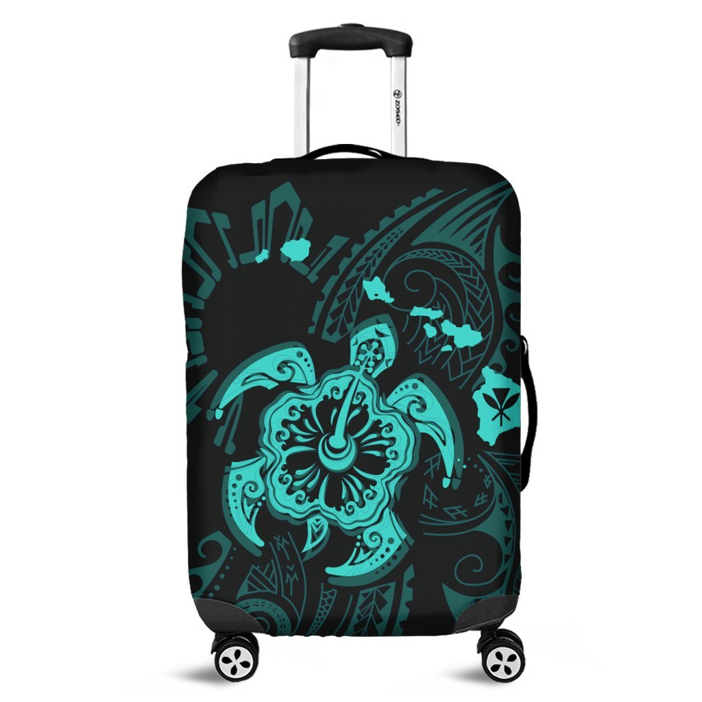 Hawaiian Map Kanaka Hibiscus Turtle Turquoise Polynesian Luggage Covers - AH Black - Polynesian Pride