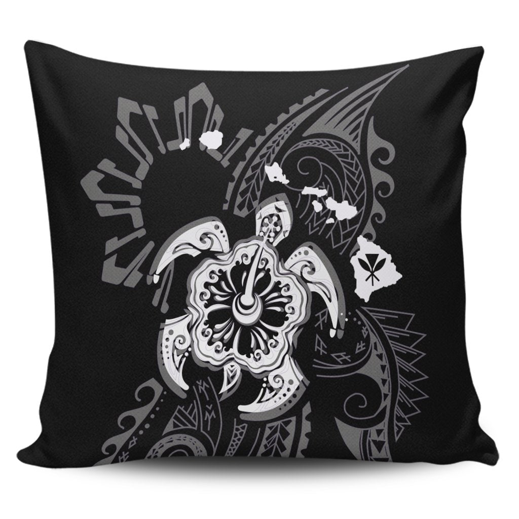 Hawaiian Map Kanaka Hibiscus Turtle White Polynesian Pillow Covers - AH Pillow Covers Black - Polynesian Pride