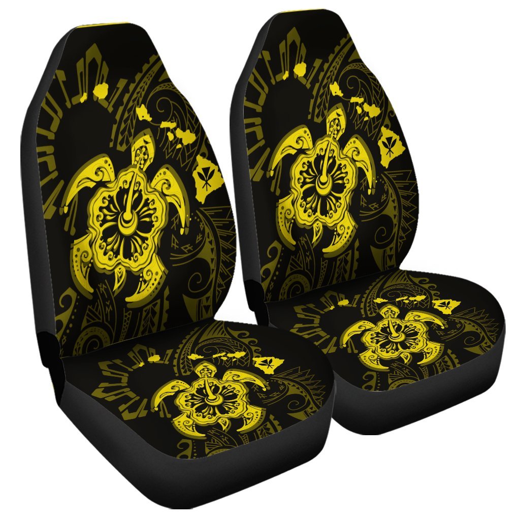 Hawaiian Map Kanaka Hibiscus Turtle Yellow Polynesian Car Seat Covers - AH Universal Fit Black - Polynesian Pride