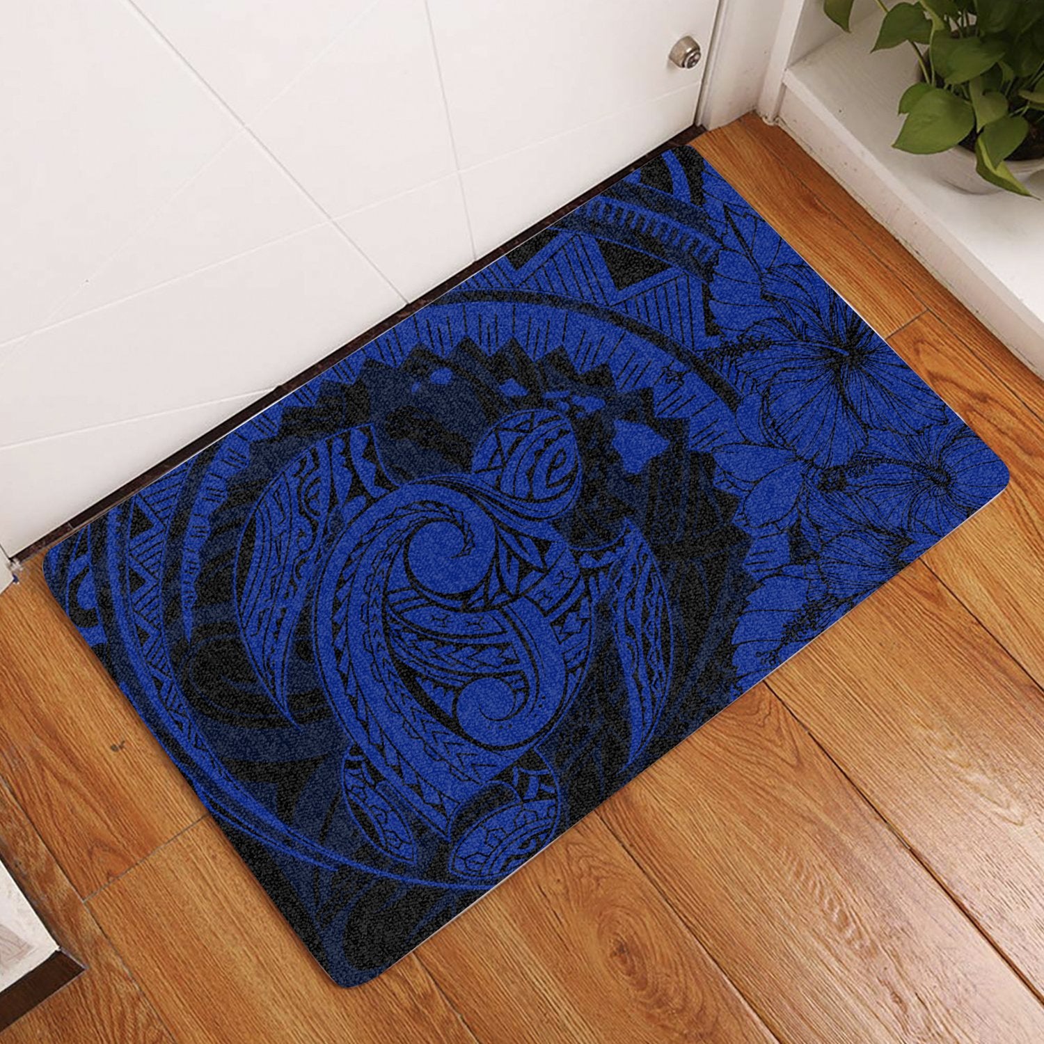 Hawaiian Map Kanaka Honu Hibiscus Globular Polynesian Door Mat Blue AH Door Mat Blue - Polynesian Pride