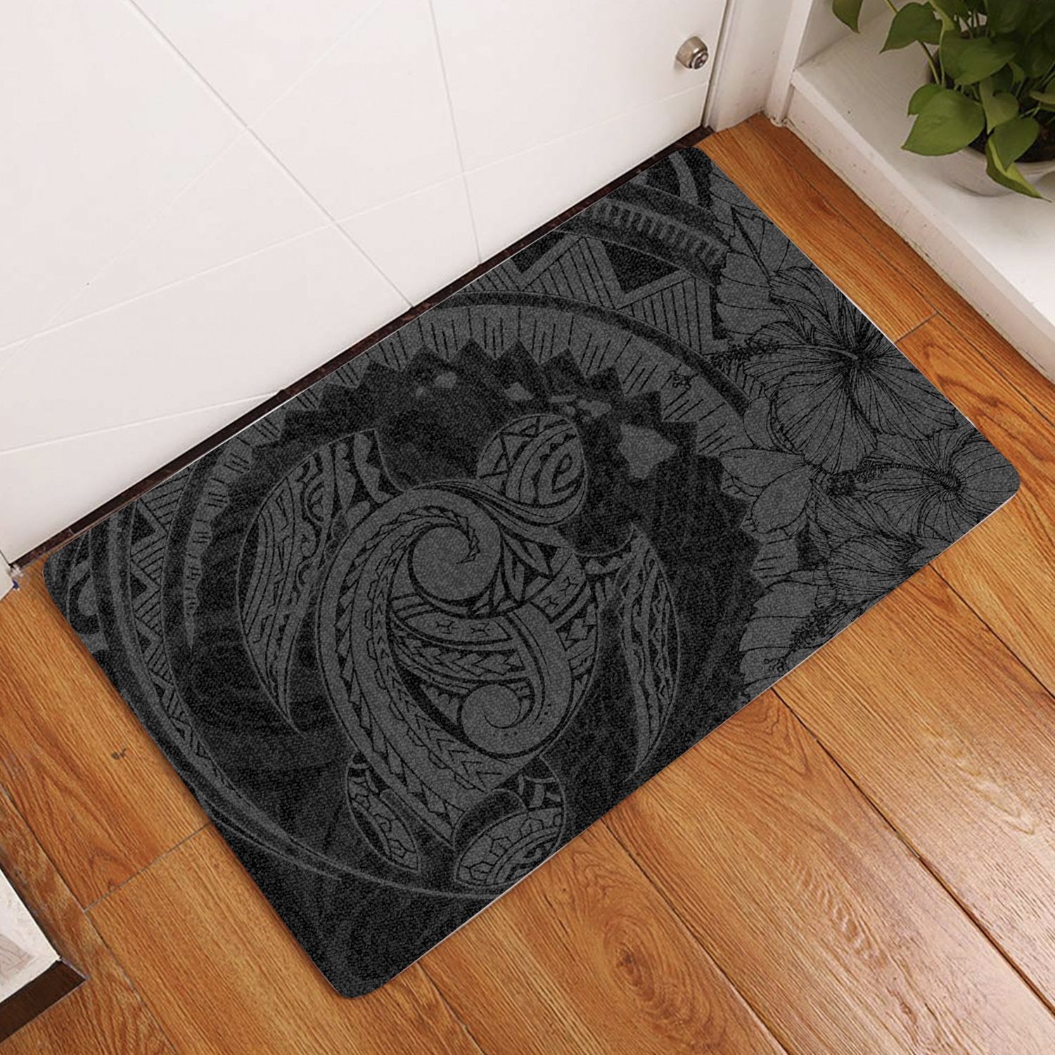 Hawaiian Map Kanaka Honu Hibiscus Globular Polynesian Door Mat Gray AH Door Mat Gray - Polynesian Pride