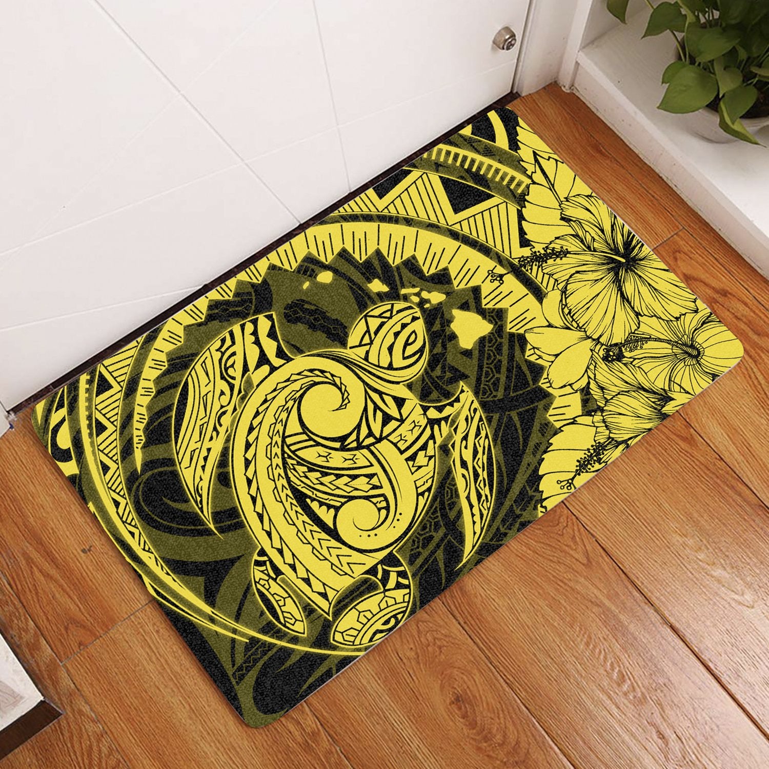 Hawaiian Map Kanaka Honu Hibiscus Globular Polynesian Door Mat Yellow AH Door Mat Yellow - Polynesian Pride