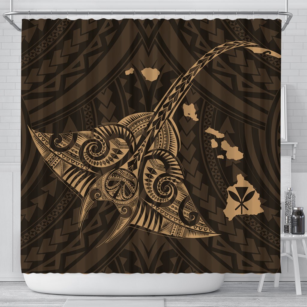 Hawaiian Map Kanaka Manta Ray Polynesian Shower Curtain Gold - AH 177 x 172 (cm) Black - Polynesian Pride