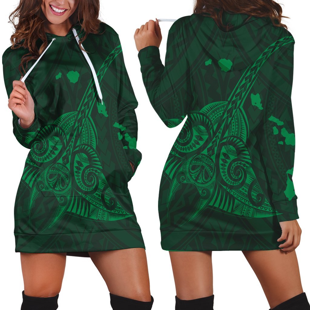 Hawaiian Map Kanaka Manta Ray Polynesian Hoodie Dress Green - AH Black - Polynesian Pride