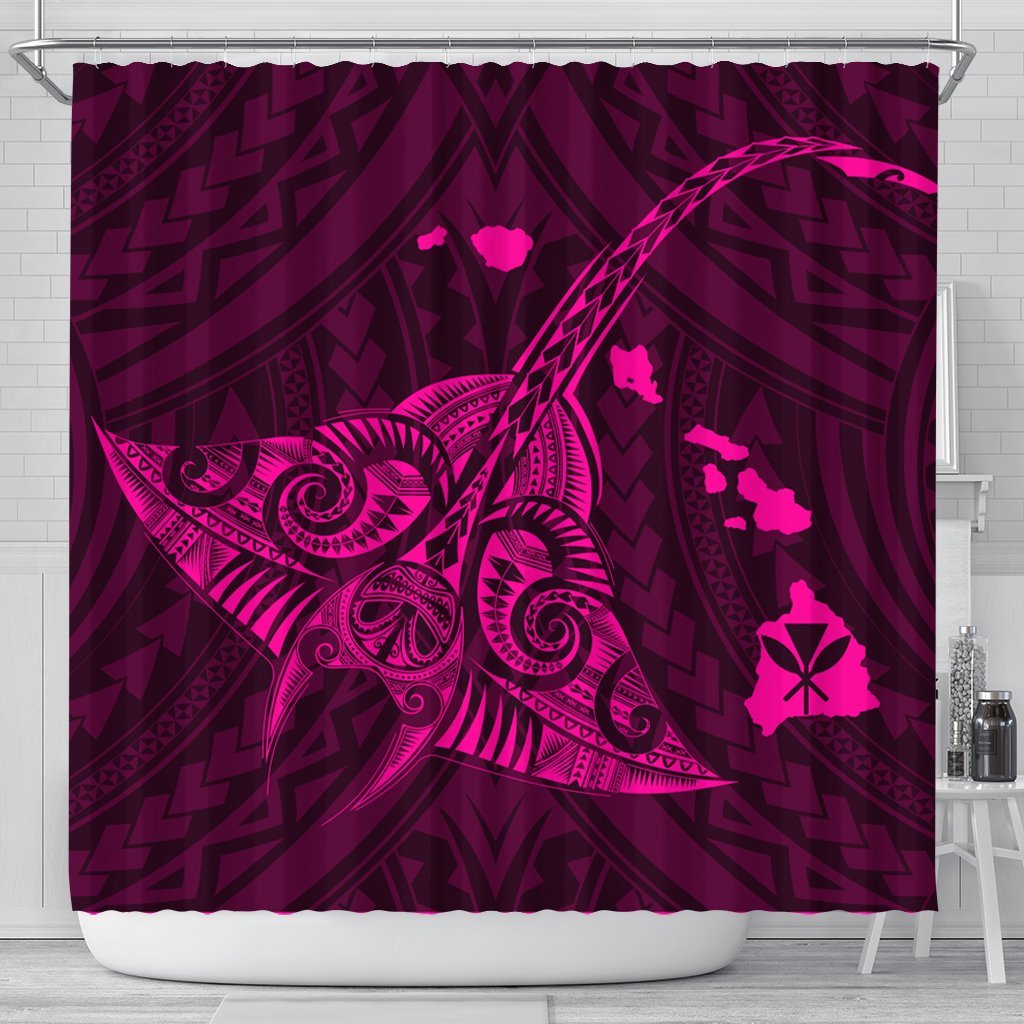 Hawaiian Map Kanaka Manta Ray Polynesian Shower Curtain Pink - AH 177 x 172 (cm) Black - Polynesian Pride